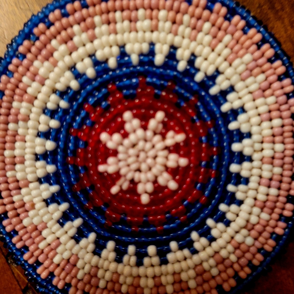Vintage Native American Handmade Beaded Round Necklace in Red, Blue,Pink & White